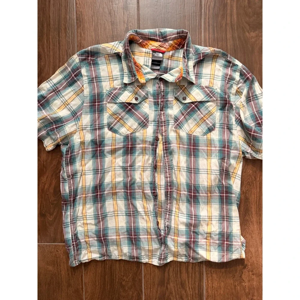 The North Face Mens XXL Plaid Button Down Shirt‎ Short Sleeve Cotton Modal Teal